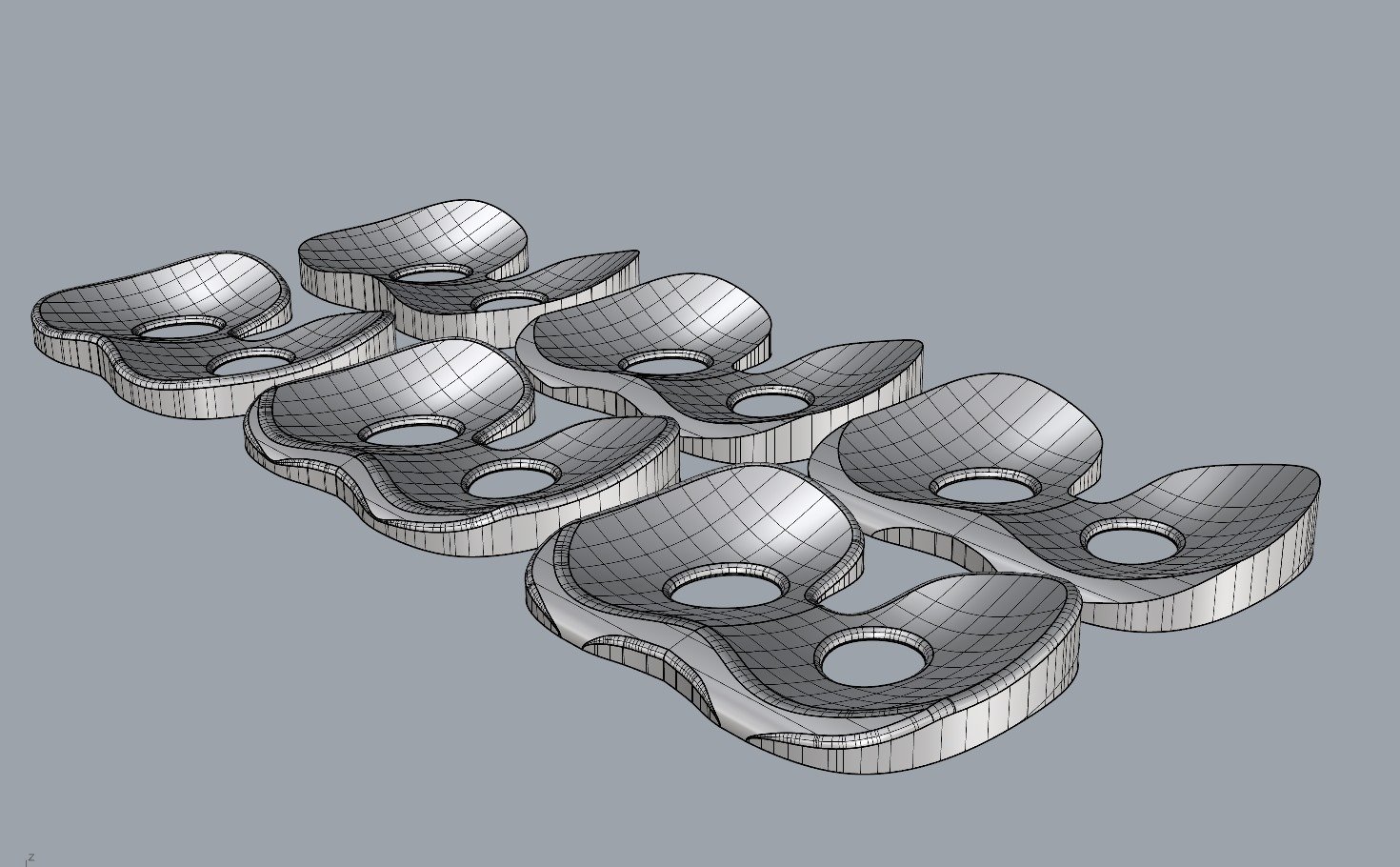 CAD-weergave van meerdere parametrische roeizittingvarianten met twee openingen per zitting