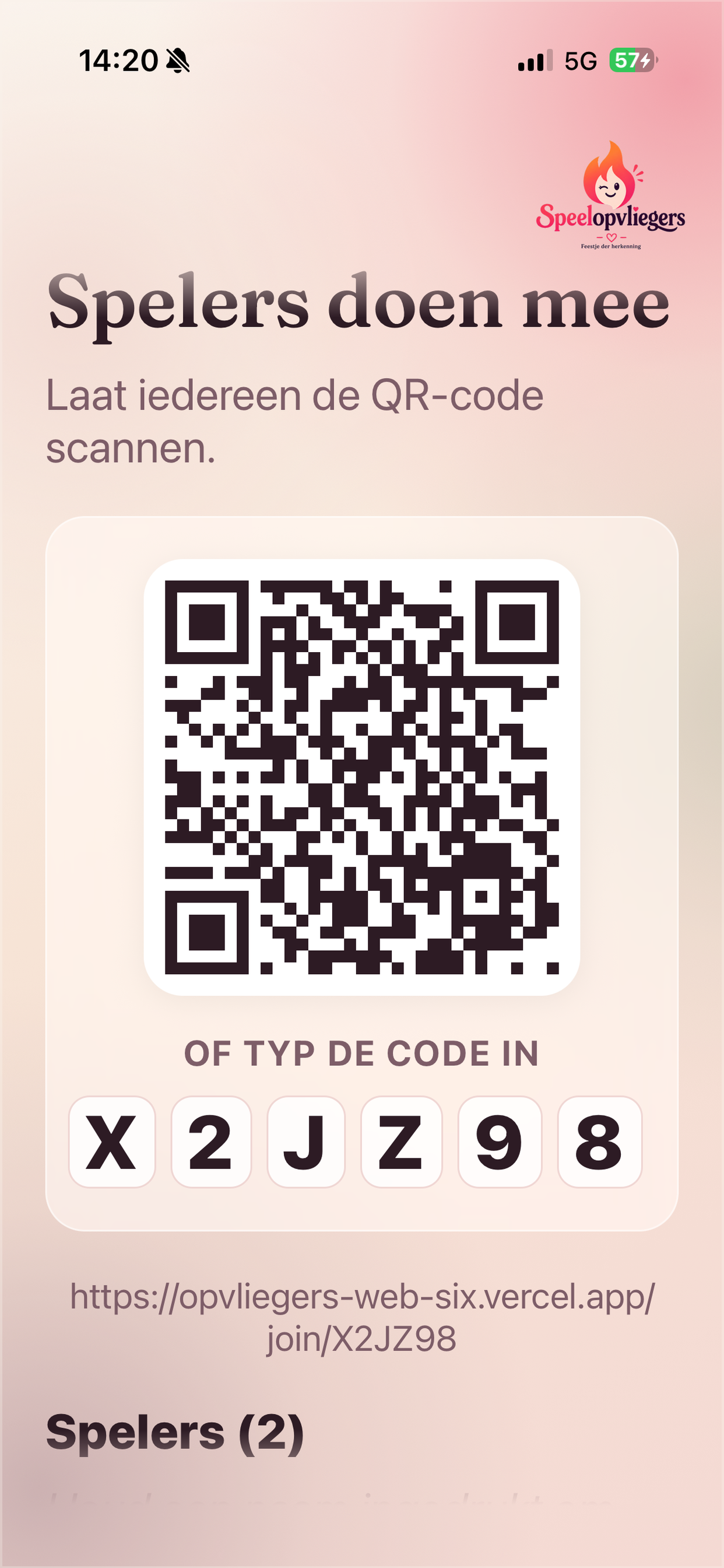 Speelopvliegers-lobby met QR-code