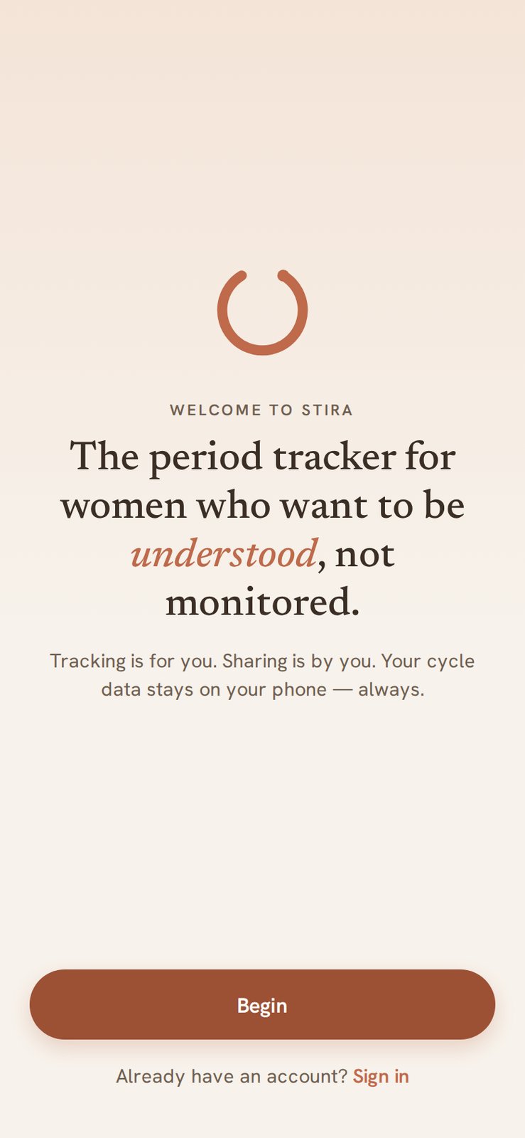 Stira-welkomstscherm: tracking is van haar, delen gebeurt door haar