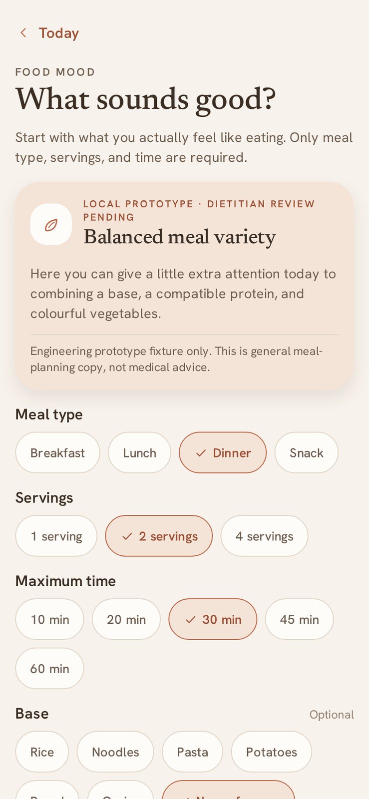 Food mood-bouwer: diner, 2 porties, 30 minuten, met prototype-disclaimer