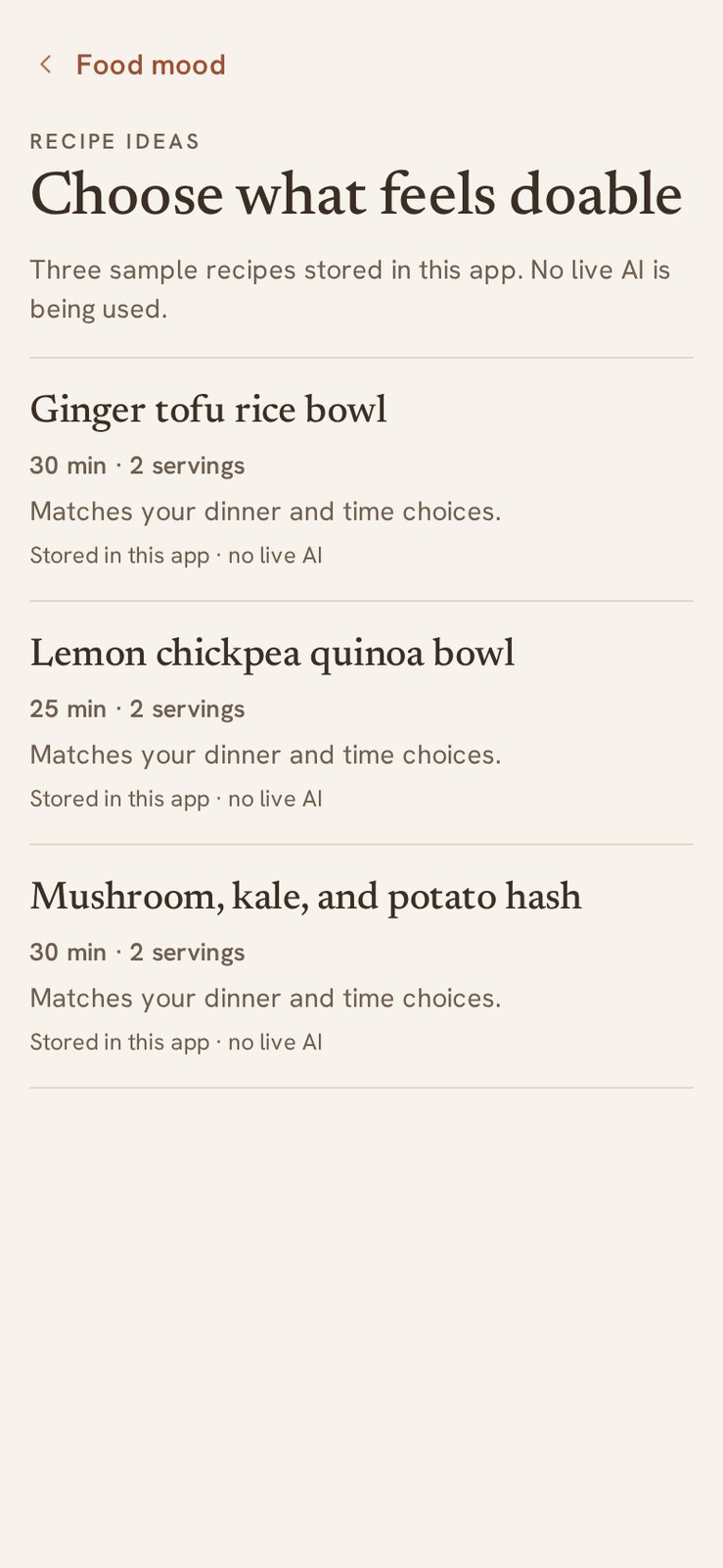Drie sample-recepten in de app, met de tekst dat er geen live AI draait